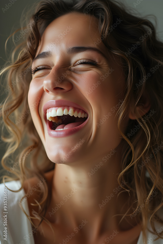 Woman with curly hair laughing heartily, showing joy and happiness, close-up portrait Woman with curly hair laughing heartily, showing joy and happiness, close-up portrait
