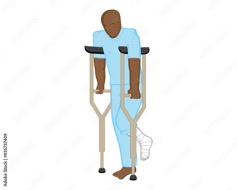 vector illustration design of a male patient who is walking using a walking aid called a crutches because his leg is broken and bandaged vector illustration design of a male patient who is walking using a walking aid called a crutches because his leg is broken and bandaged
