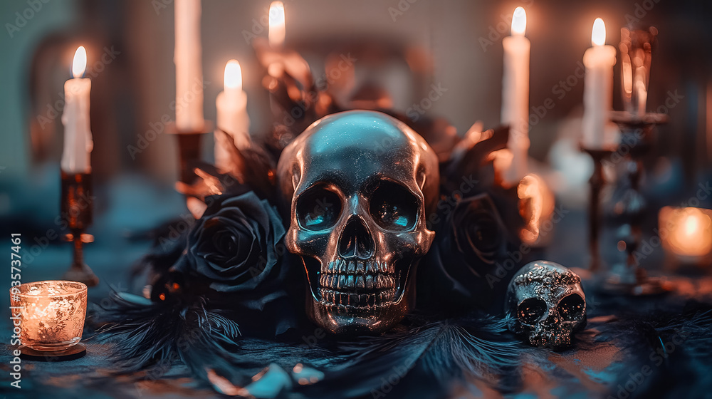 Dark Halloween decor with a shiny skull surrounded by black roses and candles. Dark Halloween decor with a shiny skull surrounded by black roses and candles.