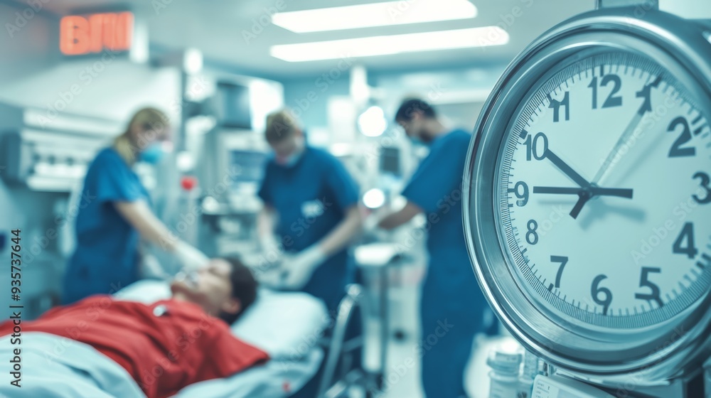 Close-up the clock on emergency room urgency through patient with distress. Time of life concept. Close-up the clock on emergency room urgency through patient with distress. Time of life concept.