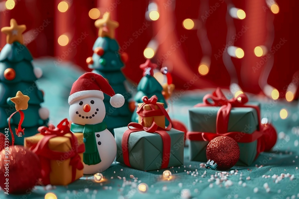 Gift boxs on Christmas with snowman and some decoration on Blurred bokeh light background, Gift boxs on Christmas with snowman and some decoration on Blurred bokeh light background,