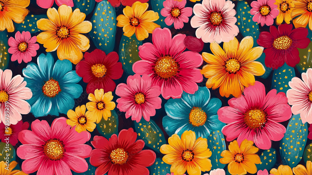 A seamless pattern with vibrant retro flowers and cactus - Power flower background. A seamless pattern with vibrant retro flowers and cactus - Power flower background.