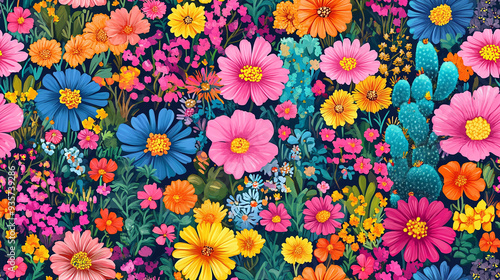 A seamless pattern with vibrant retro flowers and cactus - Power flower background.
