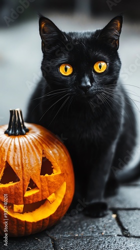 A striking black cat with bright yellow eyes sits beside a carved pumpkin, perfect for Halloween-themed visuals.