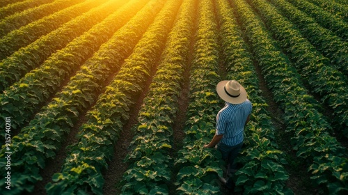 Farmer in a Sunlit Field of Crops