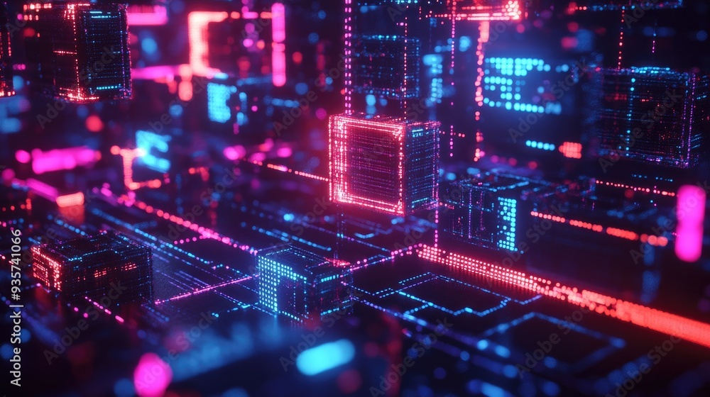 Obraz premium Abstract glowing neon city landscape with pink and blue lights.