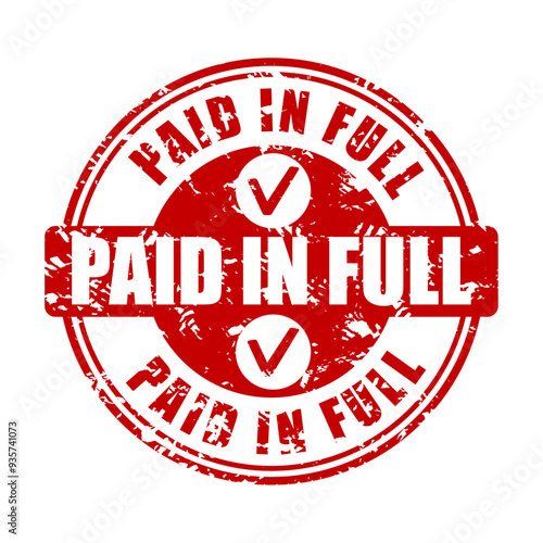 Paid i full rubber stamp to approve payment, completed and approval mark finance invoice, confirm financial transaction, vector illustration