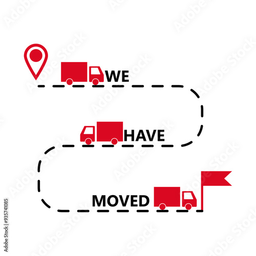 We have moved, label badge with lorry, relocation or change address, notice about move, announcement cargo update, tag and icon, pinpoint navigation, banner about moving home, vector illustration