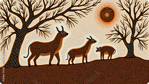 Australian Aboriginal dot painting style art dreamtime story of bush tucker food in neutral tones.