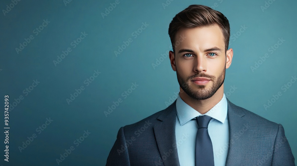 Confident young man in a suit and tie, looking at the camera with a serious expression. Confident young man in a suit and tie, looking at the camera with a serious expression.