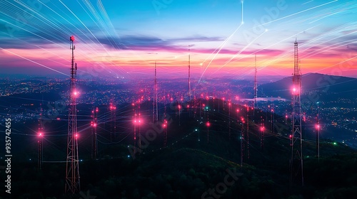 Signal distribution from telecommunication cell towers, with radiating waves, connected devices, and coverage areas.