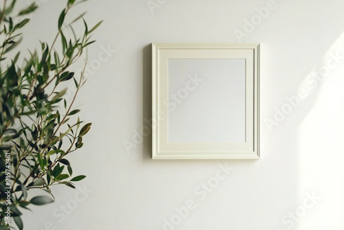 empty white wooden photo frame hanging on white wall