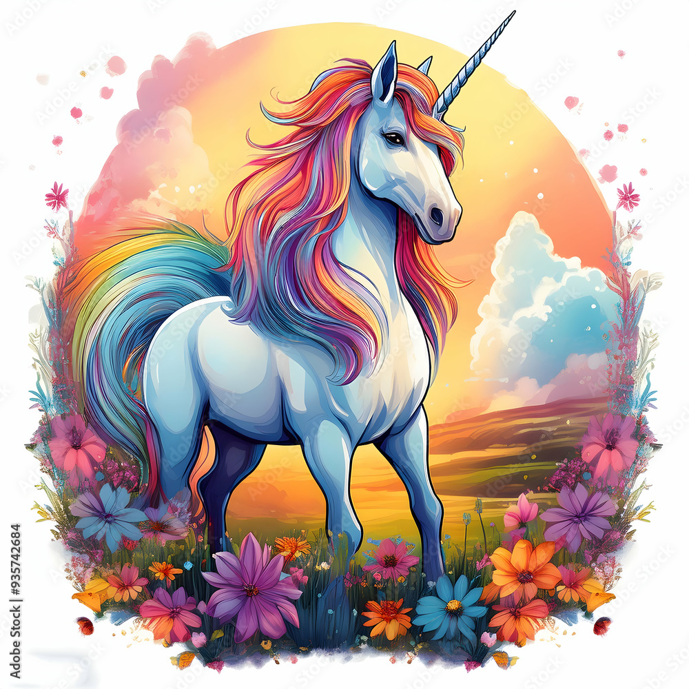 Illustration of a mystical unicorn standing in a field Illustration of a mystical unicorn standing in a field