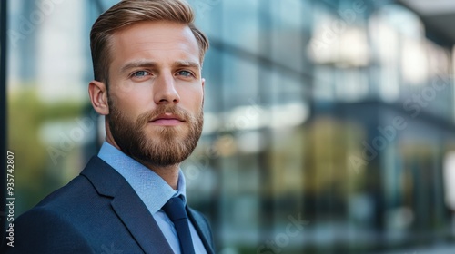 Portrait of a young businessman in a suit looking thoughtfully at the camera.