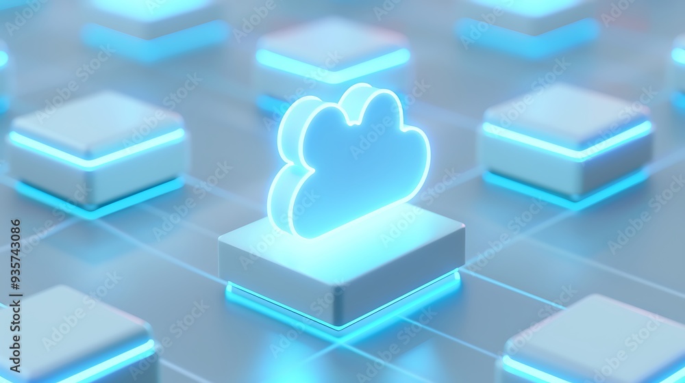 3D cloud computing concept with glowing cloud icon on blue technology blocks, representing cloud storage and data connectivity. 3D cloud computing concept with glowing cloud icon on blue technology blocks, representing cloud storage and data connectivity.