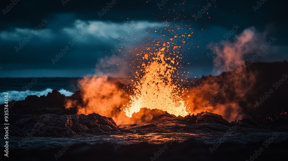 A powerful volcanic eruption under the dark evening sky, spewing glowing lava and ash, showcasing nature's strength and the captivating beauty of the event. A powerful volcanic eruption under the dark evening sky, spewing glowing lava and ash, showcasing nature's strength and the captivating beauty of the event.