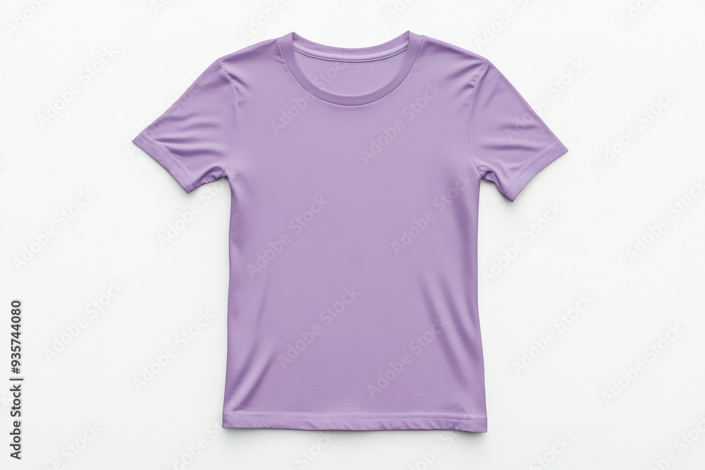 A light purple t-shirt laid flat on a plain white background, showcasing its short sleeves and round neckline in perfect clarity from an overhead perspective. A light purple t-shirt laid flat on a plain white background, showcasing its short sleeves and round neckline in perfect clarity from an overhead perspective.
