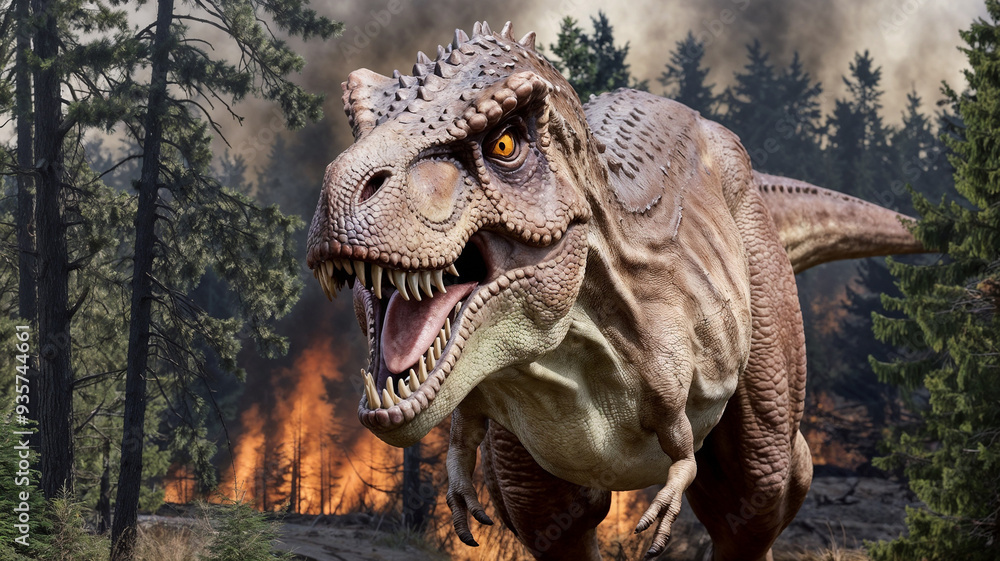 Fototapeta premium Tyrannosaurus rex with forest fires background, T-rex