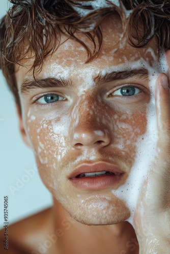 caucasian man in his 20s with wet hair after face washing applying face wash with frothy lather