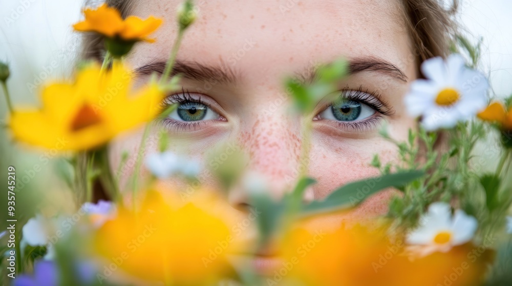 Closeup of a woman's eye with freckles through a field of wildflowers. Closeup of a woman's eye with freckles through a field of wildflowers.