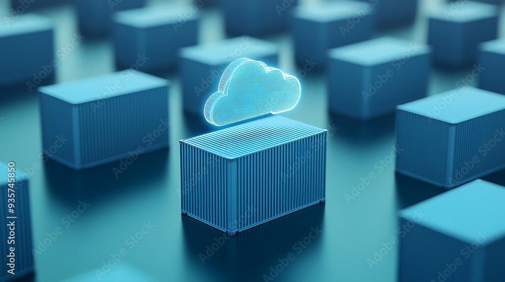 3D illustration of cloud computing and storage concept, showcasing blue blocks and a cloud icon, representing modern data solutions. 3D illustration of cloud computing and storage concept, showcasing blue blocks and a cloud icon, representing modern data solutions.