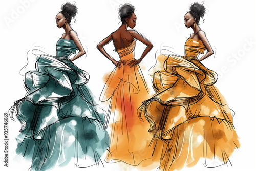 Elegant fashion sketch of stylish young African American women in evening gowns