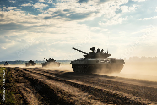 Military Tanks Moving on Dusty Road in Formation Under Cloudy Sky at Dusk
