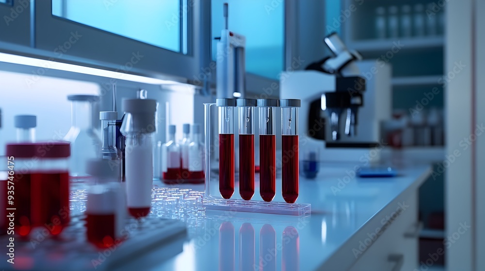 A laboratory setting where blood samples are being tested and analyzed for the detection of dengue fever with space for scientific or educational text A laboratory setting where blood samples are being tested and analyzed for the detection of dengue fever with space for scientific or educational text