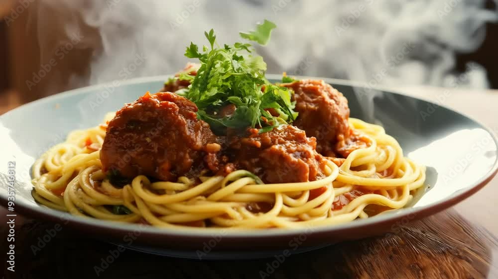 Delicious spaghetti with meatballs garnished with fresh herbs in a cozy restaurant setting Delicious spaghetti with meatballs garnished with fresh herbs in a cozy restaurant setting