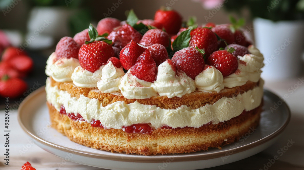 Delicious strawberry cake with whipped cream and strawberry glaze on a plate Delicious strawberry cake with whipped cream and strawberry glaze on a plate