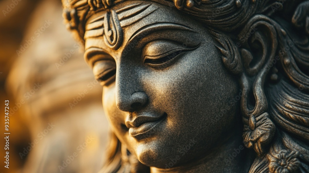 A detailed close-up of a beautifully carved statue of Lord Shiva, with soft light highlighting the intricate features. A detailed close-up of a beautifully carved statue of Lord Shiva, with soft light highlighting the intricate features.