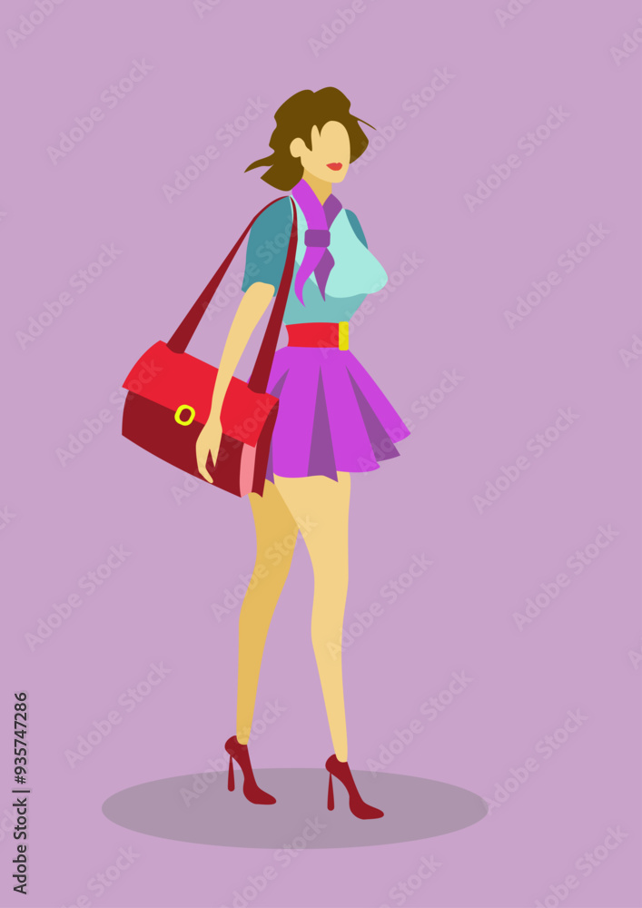 Young fashion woman with bag. Vector illustration in flat cartoon style. Young fashion woman with bag. Vector illustration in flat cartoon style.