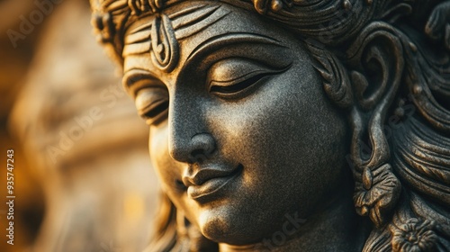 A detailed close-up of a beautifully carved statue of Lord Shiva, with soft light highlighting the intricate features.