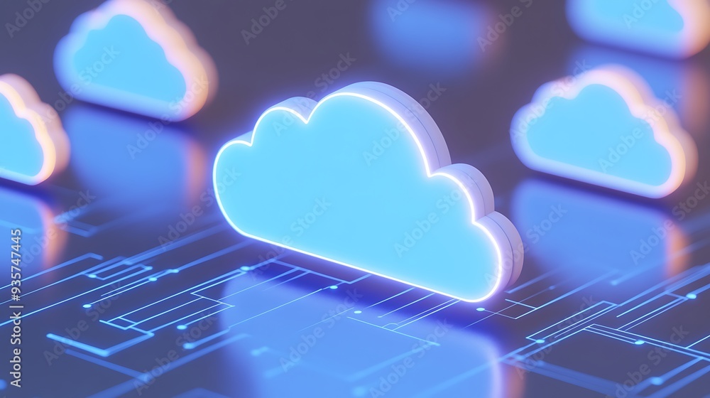 3D illustration of glowing blue cloud icons over a digital circuit board, representing cloud computing and data storage technologies. 3D illustration of glowing blue cloud icons over a digital circuit board, representing cloud computing and data storage technologies.