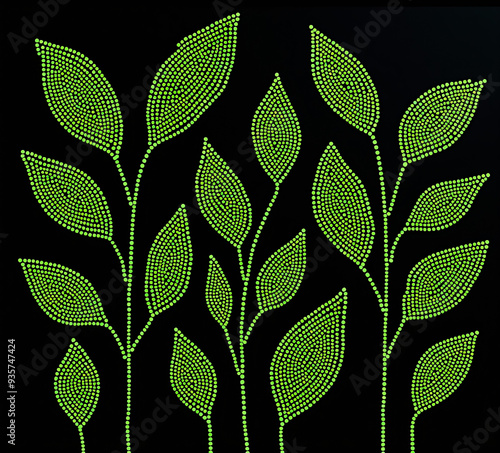 Australian Aboriginal dot painting style art of green leaves on a black background.