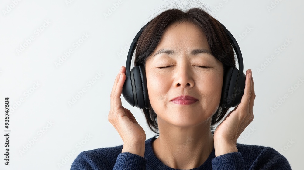 A woman enjoys a serene moment with black headphones, eyes closed, against a light grey background, embodying tranquility and connection to music or sound. A woman enjoys a serene moment with black headphones, eyes closed, against a light grey background, embodying tranquility and connection to music or sound.