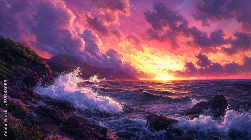 Fototapeta premium A dramatic sunset over a rocky shoreline, with crashing waves and a sky full of color.