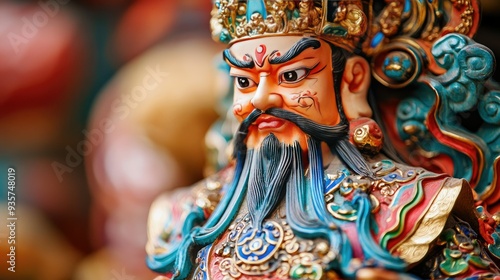 A detailed close-up of a beautifully painted idol of the God of Fortune, with vibrant colors and intricate designs.