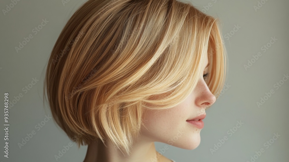 A young woman showcases a chic blonde bob hairstyle, framed softly by natural lighting against a plain background. A young woman showcases a chic blonde bob hairstyle, framed softly by natural lighting against a plain background.