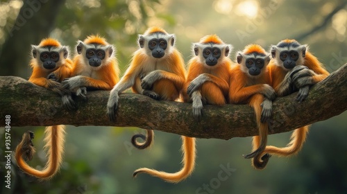 A group of langur monkeys resting on a tree branch their long tails hanging down photo