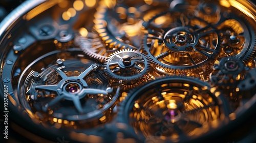 Closeup of Complex Watch Mechanism Gears and Springs