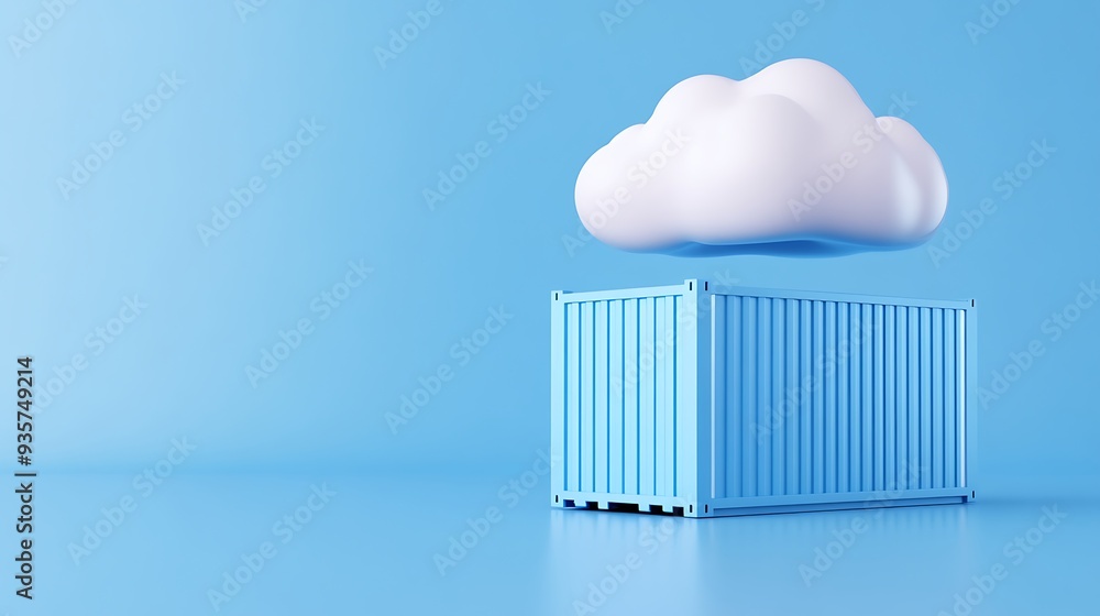 3D rendering of a shipping container and a cloud on a blue background, symbolizing cloud computing and logistics. 3D rendering of a shipping container and a cloud on a blue background, symbolizing cloud computing and logistics.