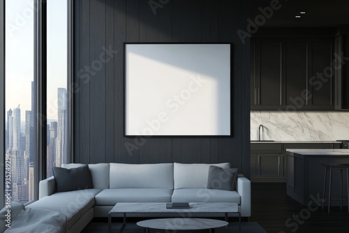 Studio interior with relaxing and cooking areas, window and mockup frame