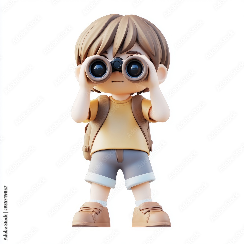 Kawaii Clay Boy Birdwatching - 3D Icon Isolated on White Background Kawaii Clay Boy Birdwatching - 3D Icon Isolated on White Background
