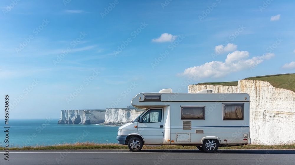 The sea and cliffs can be seen in the distance as a camper van is traveling along a coastal road. The sea and cliffs can be seen in the distance as a camper van is traveling along a coastal road.
