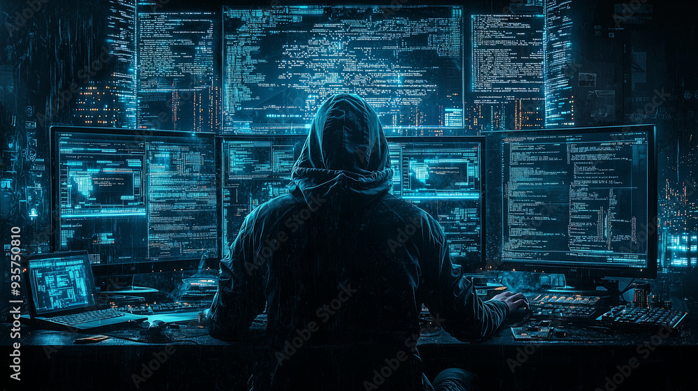 Shadowy Figure in a Dark Room with Glowing Screens Shadowy Figure in a Dark Room with Glowing Screens