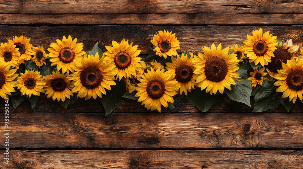 Obraz premium A seamless pattern with sunflowers on a wooden table - rustic summer background.