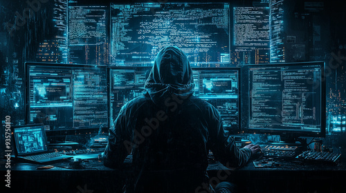 Shadowy Figure in a Dark Room with Glowing Screens