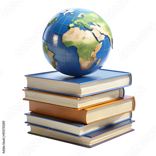 Stack of books and a 3d globe education isolated on transparent background. PNG