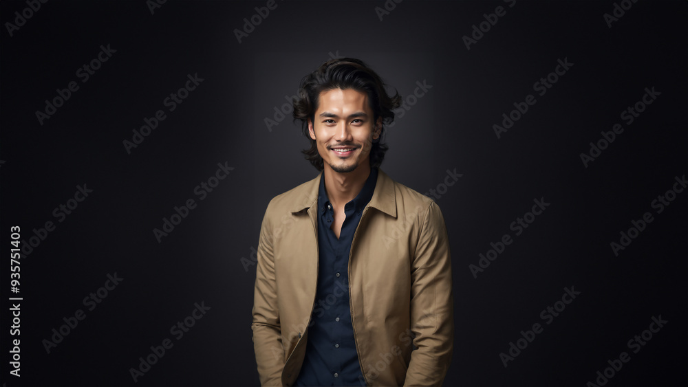 Effortlessly chic Japanese man with flawless skin and natural beauty. Brunette with neat hair and a confident smile, gazing at camera. Studio shot with copy space, perfect for beauty and fashion Effortlessly chic Japanese man with flawless skin and natural beauty. Brunette with neat hair and a confident smile, gazing at camera. Studio shot with copy space, perfect for beauty and fashion